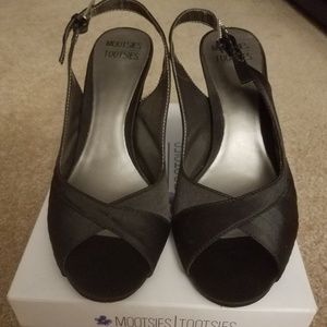Black Satin Peep Toe Slingback Evening Heels